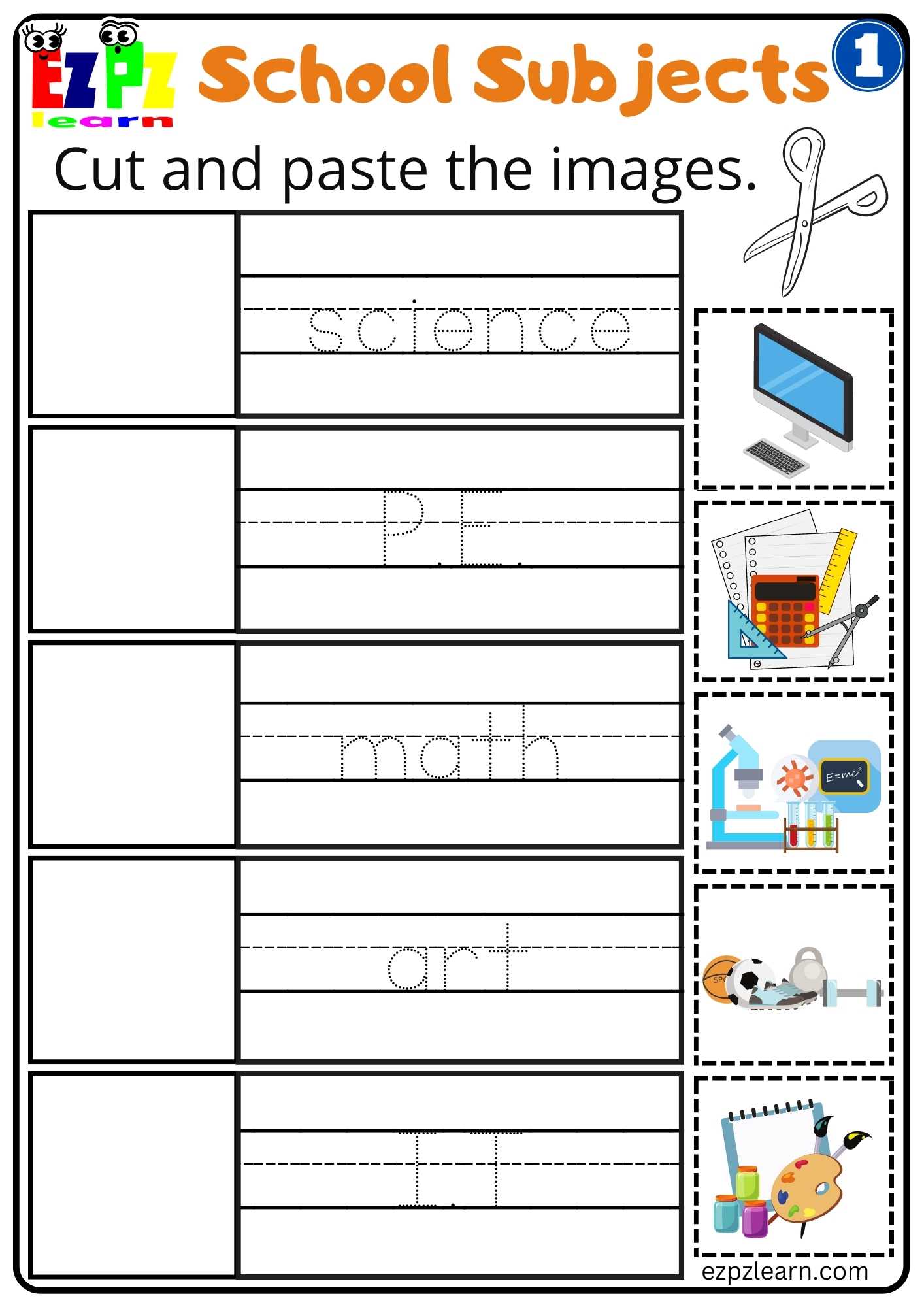Group1 School Subjects Cut and Paste Worksheet for K5 and ESL Students